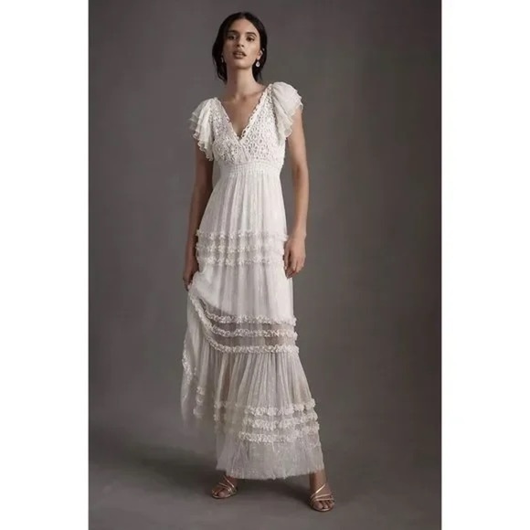 Free People wedding dress boho maxi crochet embroidered BHLDN Anthropologie - Picture 9 of 13